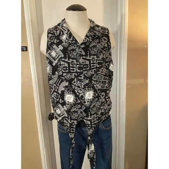 Harry Potter Marauders Map Knot Tie Front Black and White Button Up Size L - Picture 2 of 9